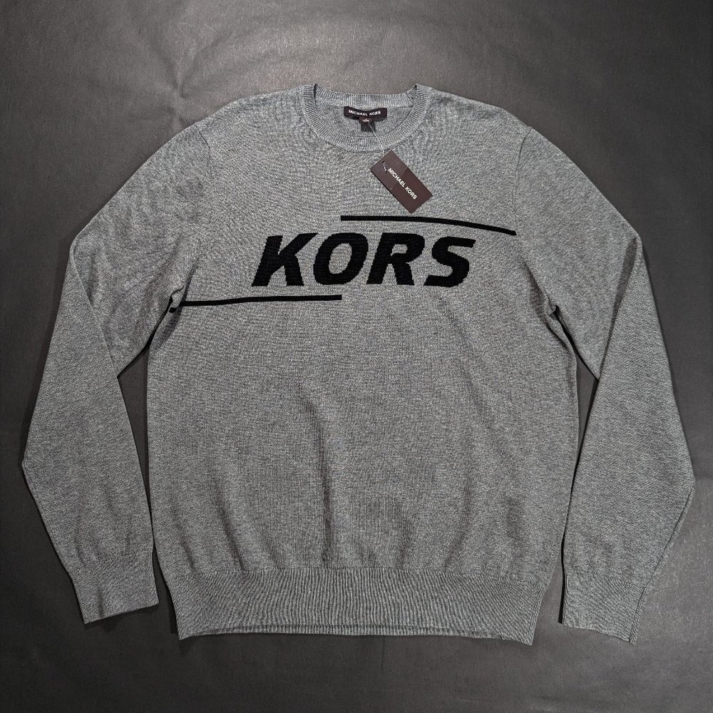 $98 Michel Kors Men Knit Crew Neck Sweater Size L Big Logo Long Sleeve Pullover - Picture 4 of 6